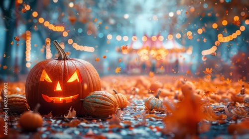 Pumpkin festival with autumn decor copy space, seasonal celebration, vibrant, composite, fairground photo