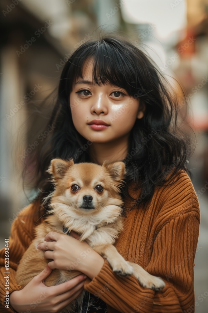 Close-up of a young Asian woman with black hair holding a small dog, both looking at the camera, with a natural, blurred background. Close-up of a young Asian woman with black hair holding a small dog, both looking at the camera, with a natural, blurred background.