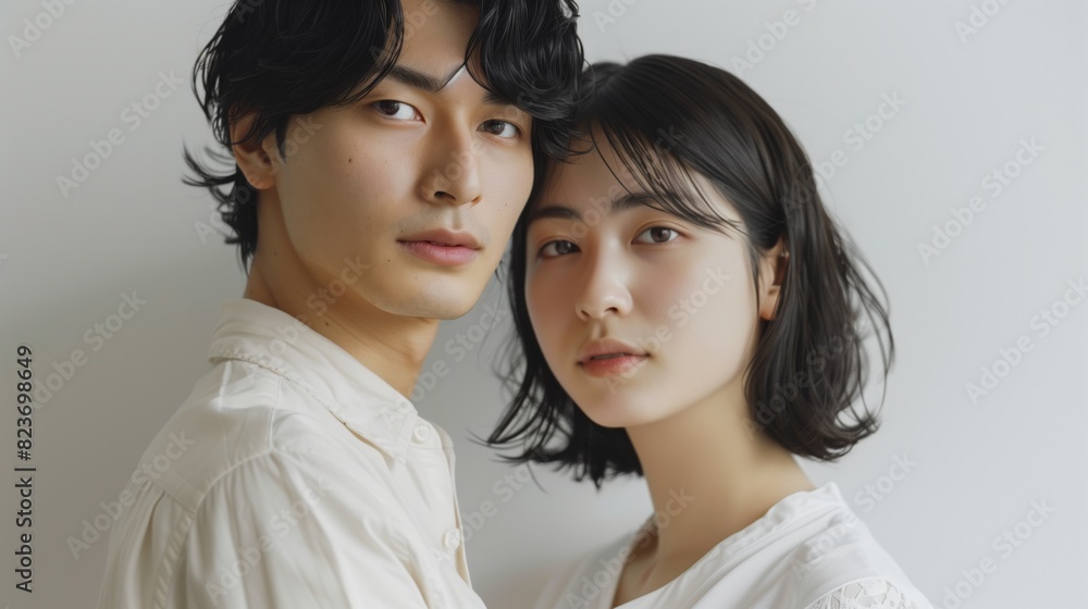 Elegant young Asian couple portrait posing together in matching white shirts against a light background, showcasing a simple and sophisticated look. Elegant young Asian couple portrait posing together in matching white shirts against a light background, showcasing a simple and sophisticated look.