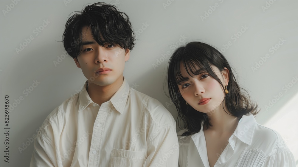 Elegant young Asian couple portrait posing together in matching white shirts against a light background, showcasing a simple and sophisticated look. Elegant young Asian couple portrait posing together in matching white shirts against a light background, showcasing a simple and sophisticated look.
