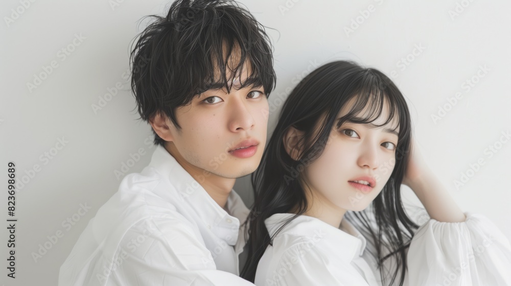 Elegant young Asian couple portrait posing together in matching white shirts against a light background, showcasing a simple and sophisticated look. Elegant young Asian couple portrait posing together in matching white shirts against a light background, showcasing a simple and sophisticated look.