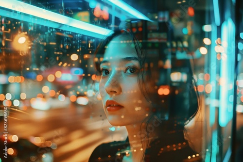 Wallpaper Mural Dreamy portrait of a beautiful Asian girl with city lights. Close-up of a woman's face Torontodigital.ca