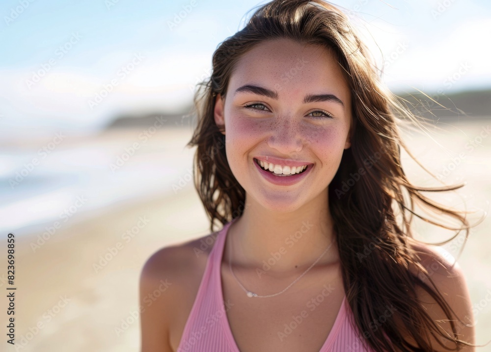 Portrait of a happy young smiling woman enjoying a sunny day at the beach, with the ocean and sand in the background.
Portrait of a happy young smiling woman enjoying a sunny day at the beach, with the ocean and sand in the background.