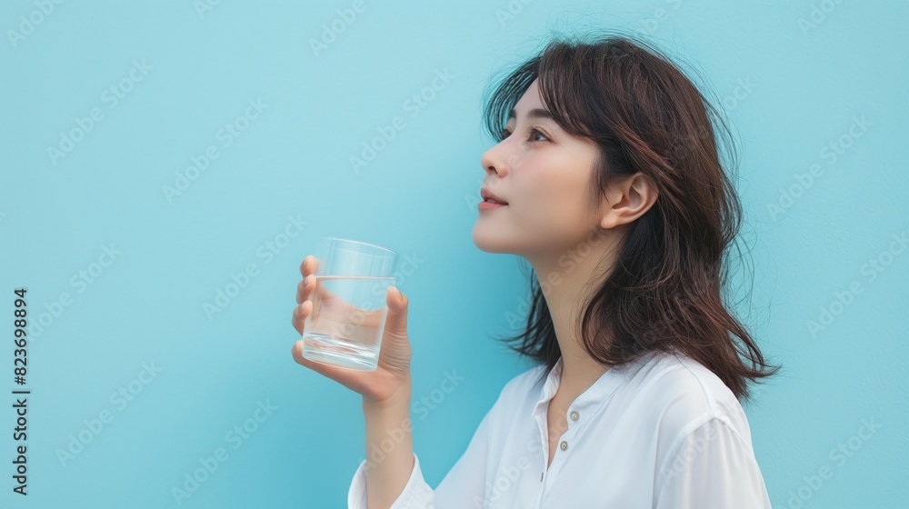 Beautiful Asian woman holding a water glass in her hand and looking up slightly at the sky. She is wearing a white shirt against light blue wall, viewed from the side. Beautiful Asian woman holding a water glass in her hand and looking up slightly at the sky. She is wearing a white shirt against light blue wall, viewed from the side.