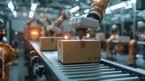 A closeup photo of a robot arms gripper holding a box above a conveyor belt portrayed in a realistic and minimal style, Generated by AI photo