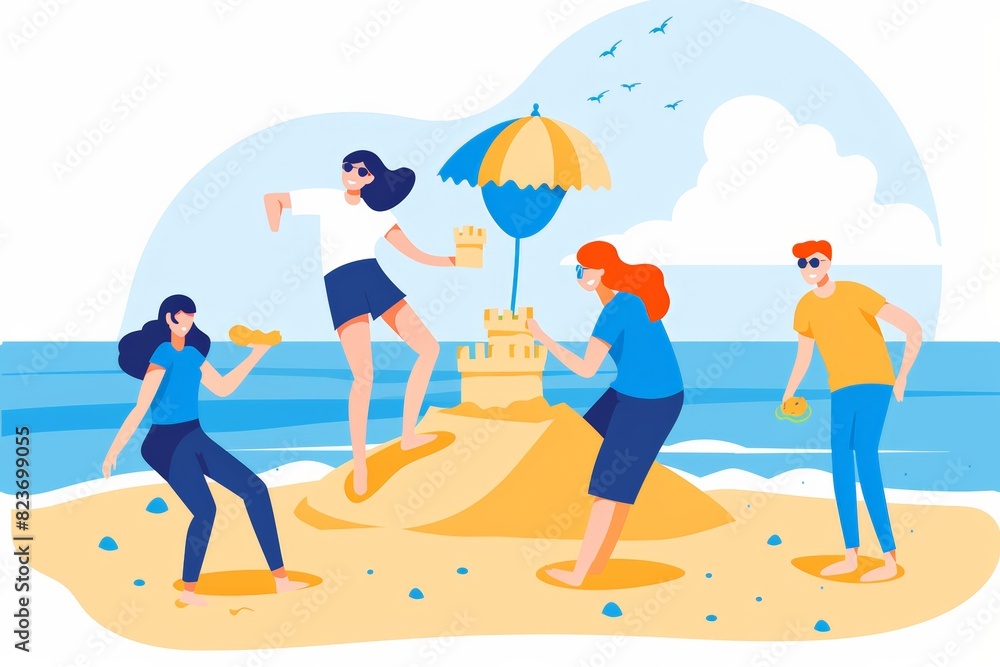 Illustration of four friends building sandcastle on beach under umbrella. Bright, vibrant colors and sunny weather. Captures fun, friendship, and summer enjoyment. Ocean and seagulls in background.