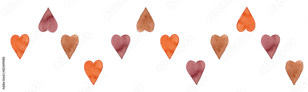 Fototapeta premium Multi-colored hearts in watercolor. Romantic border for design. Isolated illustration element. Geometric seamless zigzag pattern of hearts