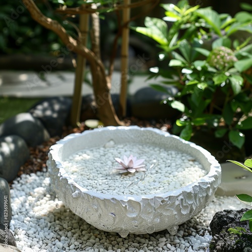 A small white bowl with a pink flower in it sits on a gravel path