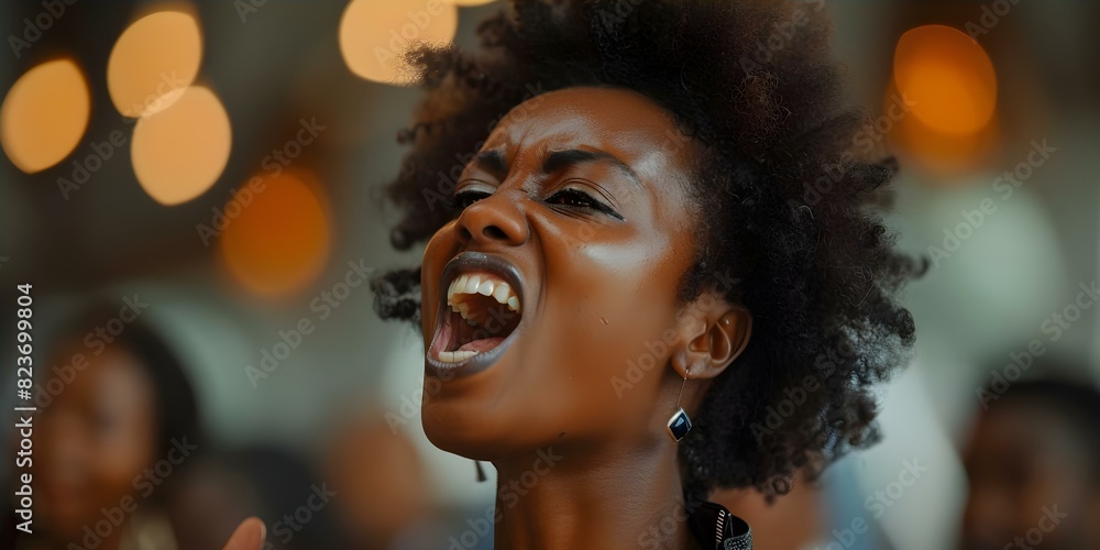 Black woman shouting loudly with mouth wide open. Concept Emotional expression, Yelling, African American woman, Loud voice, Facial expressions