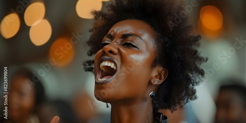 Black woman shouting loudly with mouth wide open. Concept Emotional expression, Yelling, African American woman, Loud voice, Facial expressions photo