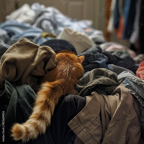 A cat is curled up in a pile of clothes