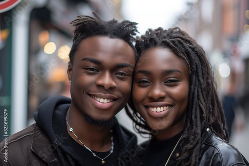 Portrait of a handsome young couple. Street photography, contemporary style. Happy couple smiling on a city street