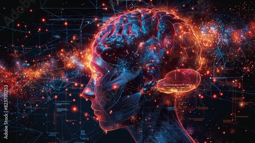 Human brain on blue neon background . An organ of anatomy, neurology, healthy body . 3d illustration photo