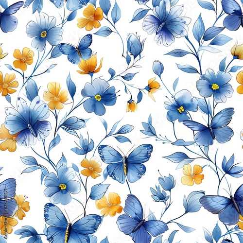 Blue and yellow flowers and the blue Brownie butterflies. Seamless tile pattern. photo