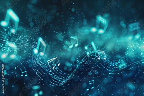 A background of musical notes and symphonic waves, representing the harmony between music and AI technology.