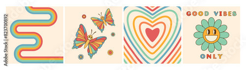 Set of groovy retro style cards in rainbow colors. Good vibes only slogan, smiling daisy flower, butterflies, twisted rainbow and heart