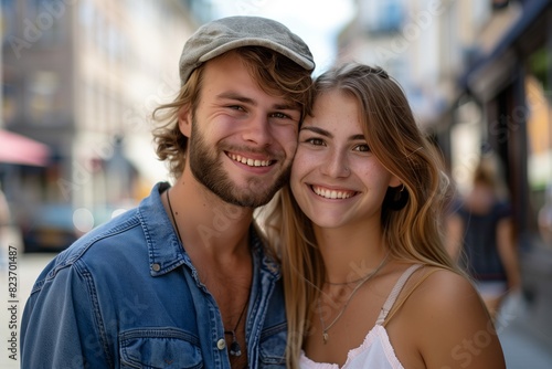 Portrait of a handsome young couple. Street photography, contemporary style. Happy couple smiling on a city street