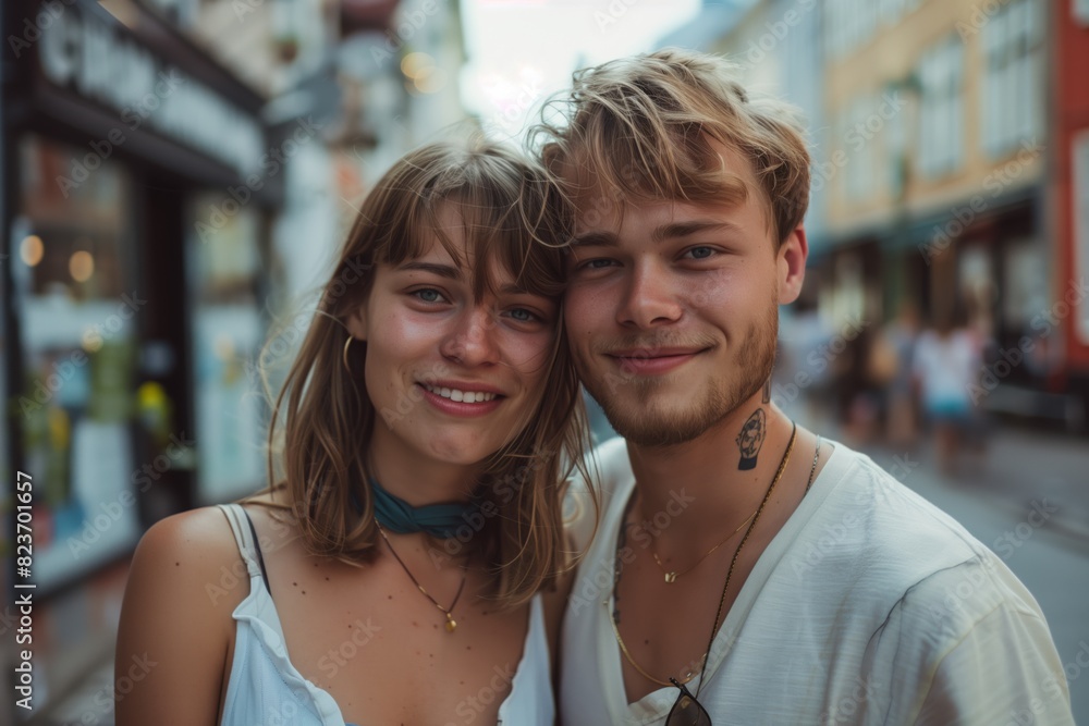 Portrait of a handsome young couple. Street photography, contemporary style. Happy couple smiling on a city street Portrait of a handsome young couple. Street photography, contemporary style. Happy couple smiling on a city street