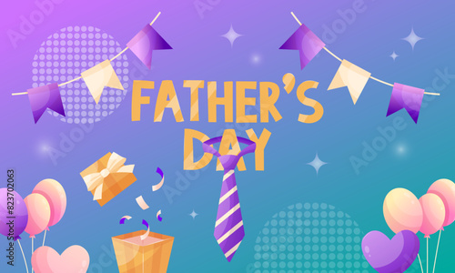 Father's day web banner for congratulating dady. Greeting card, poster or banner with balloons, confetti, tie