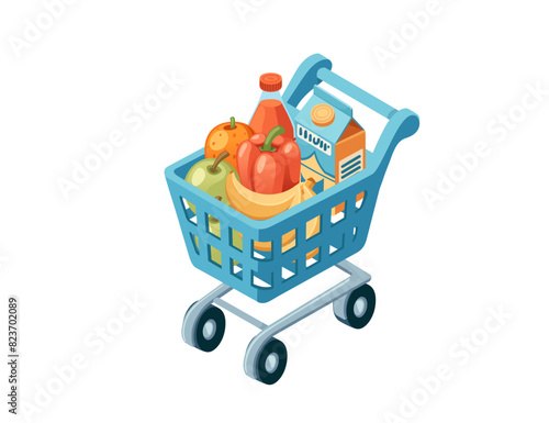 Blue color shopping cart from grocery store fulfill with goods vector illustration isolated on white background