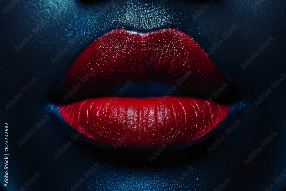 Close-up of vibrant red lips with blue facial art Close-up of vibrant red lips with blue facial art
