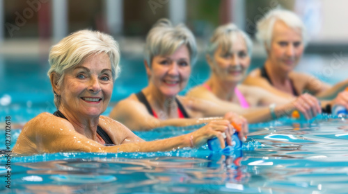 Active elderly women enjoying water aerobics class in pool © volga