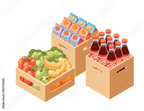 Set of wooden boxes and crate with drinks and food fresh vegetables and fruits vector illustration isolated on white background