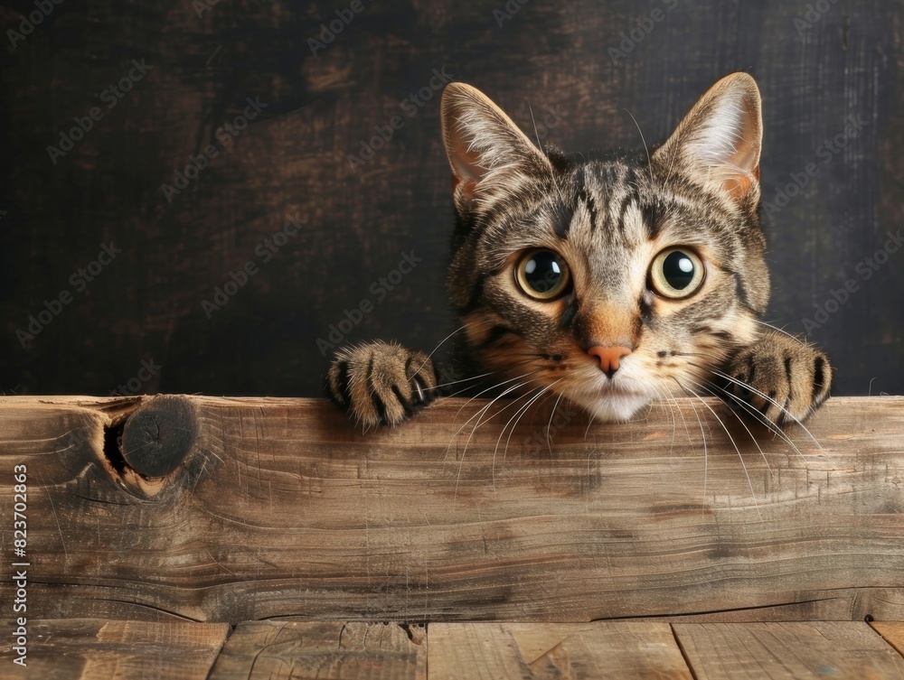 Whimsical tabby cat peeking over wooden ledge with curious eyes