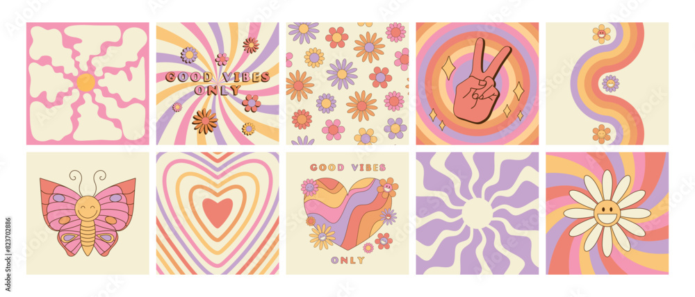 Set of groovy retro style cards with hippie symbols. Good vibes only slogan, daisy flowers seamless pattern, butterfly, sunburst, twisted waves and peace sign