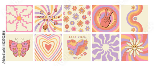 Set of groovy retro style cards with hippie symbols. Good vibes only slogan, daisy flowers seamless pattern, butterfly, sunburst, twisted waves and peace sign