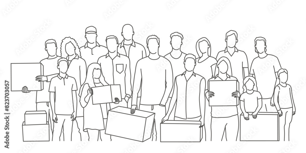 A group of people holding boxes and signs A group of people holding boxes and signs