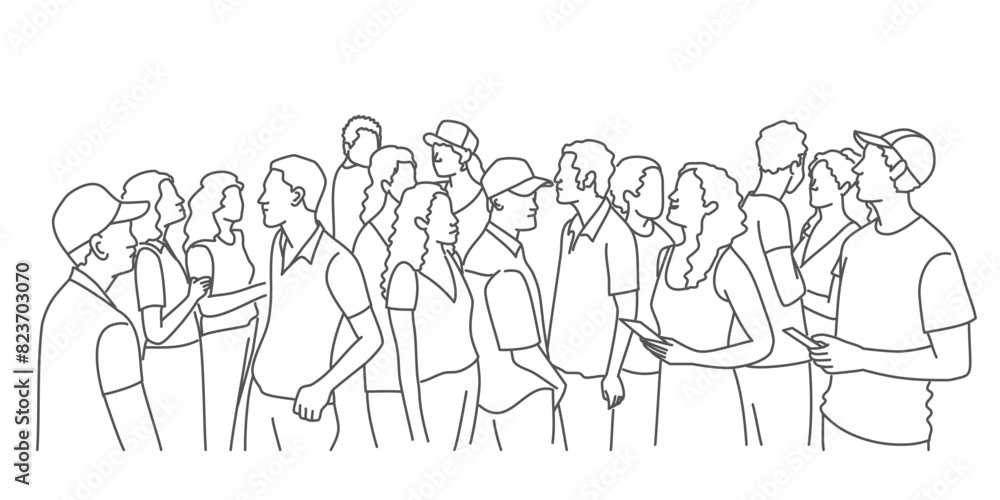 A group of people are standing in a line A group of people are standing in a line