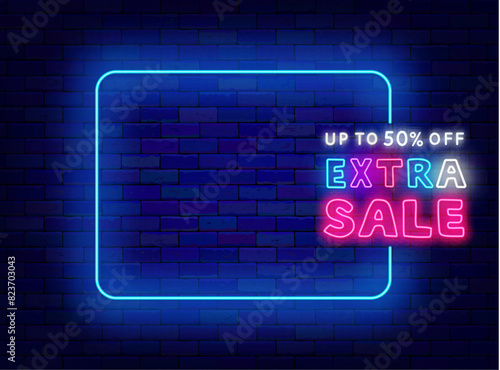 Extra sale neon poster. Special offer invitation. Shiny greeting card. Empty blue frame and text. Glowing shopping banner. Big discount. Editing text. Vector stock illustration