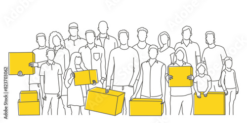 A group of people holding boxes