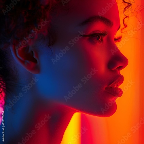Beautiful black woman posing in front of vibrant colored wall, AI-generated.