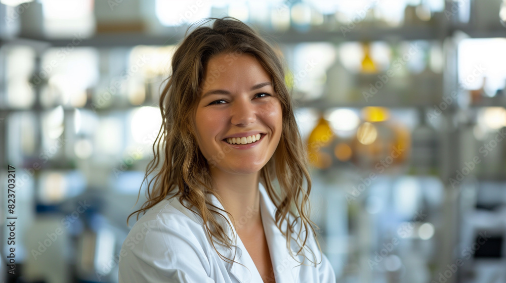 Smiling Female Scientist in Laboratory, Wearing Lab Coat, Research and Innovation Smiling Female Scientist in Laboratory, Wearing Lab Coat, Research and Innovation