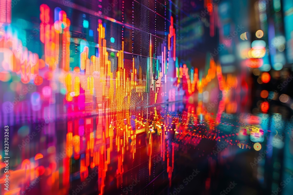 Fototapeta premium A colorful image of a city skyline with a lot of different colored lines and shapes. The image is abstract and has a lot of energy and movement