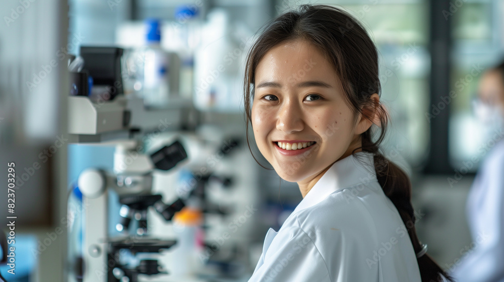 Smiling Asian Female Scientist in Laboratory, Wearing Lab Coat, Research and Innovation Smiling Asian Female Scientist in Laboratory, Wearing Lab Coat, Research and Innovation
