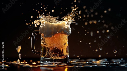 beer mug with foam and bubbles on black background photo