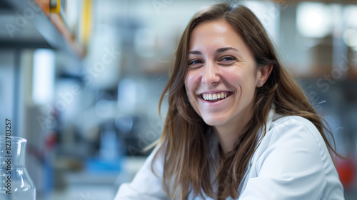 Smiling Female Scientist in Laboratory, Wearing Lab Coat, Research and Innovation