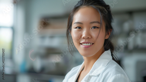 Smiling Asian Female Scientist in Laboratory, Wearing Lab Coat, Research and Innovation