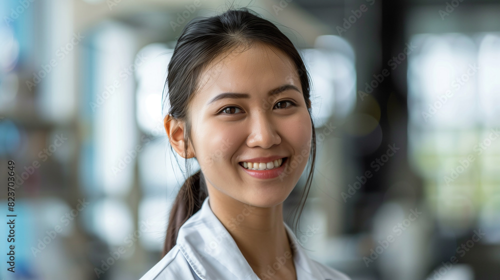 Smiling Asian Female Scientist in Laboratory, Wearing Lab Coat, Research and Innovation Smiling Asian Female Scientist in Laboratory, Wearing Lab Coat, Research and Innovation