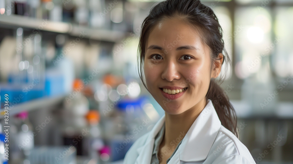 Smiling Asian Female Scientist in Laboratory, Wearing Lab Coat, Research and Innovation