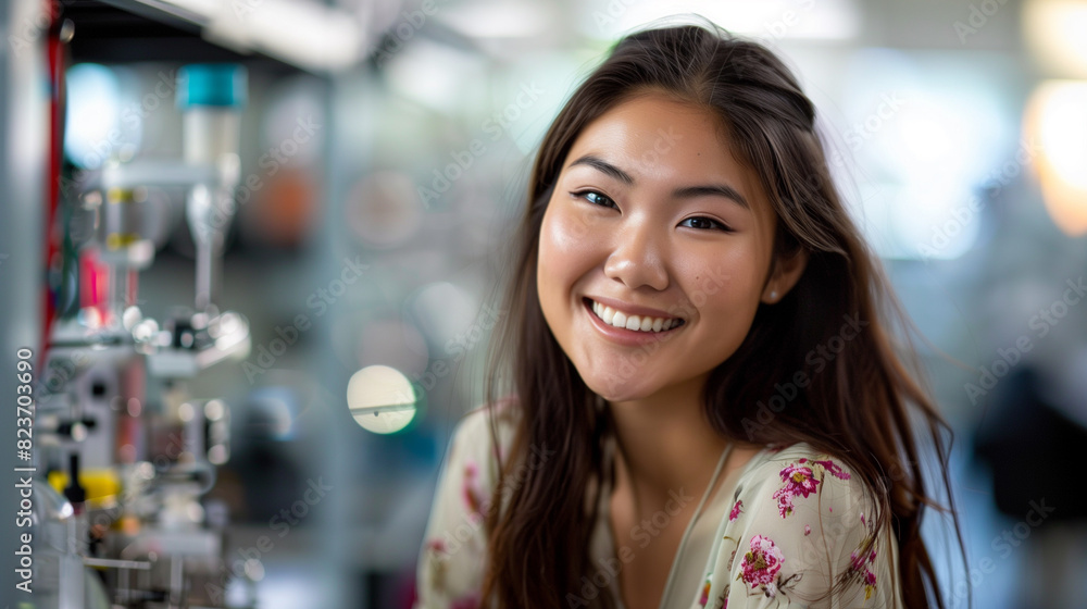 Smiling Asian Female Scientist in Laboratory, Wearing Lab Coat, Research and Innovation Smiling Asian Female Scientist in Laboratory, Wearing Lab Coat, Research and Innovation