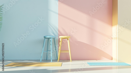 A blue and yellow bar stool sits before a pastel-colored empty wall,