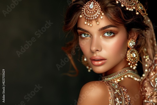 Elegant woman adorned with intricate gold jewelry and makeup against a dark background