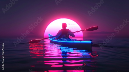 Silhouette kayaking on the beach with man looking at sunset in neon style and place for text banner photo
