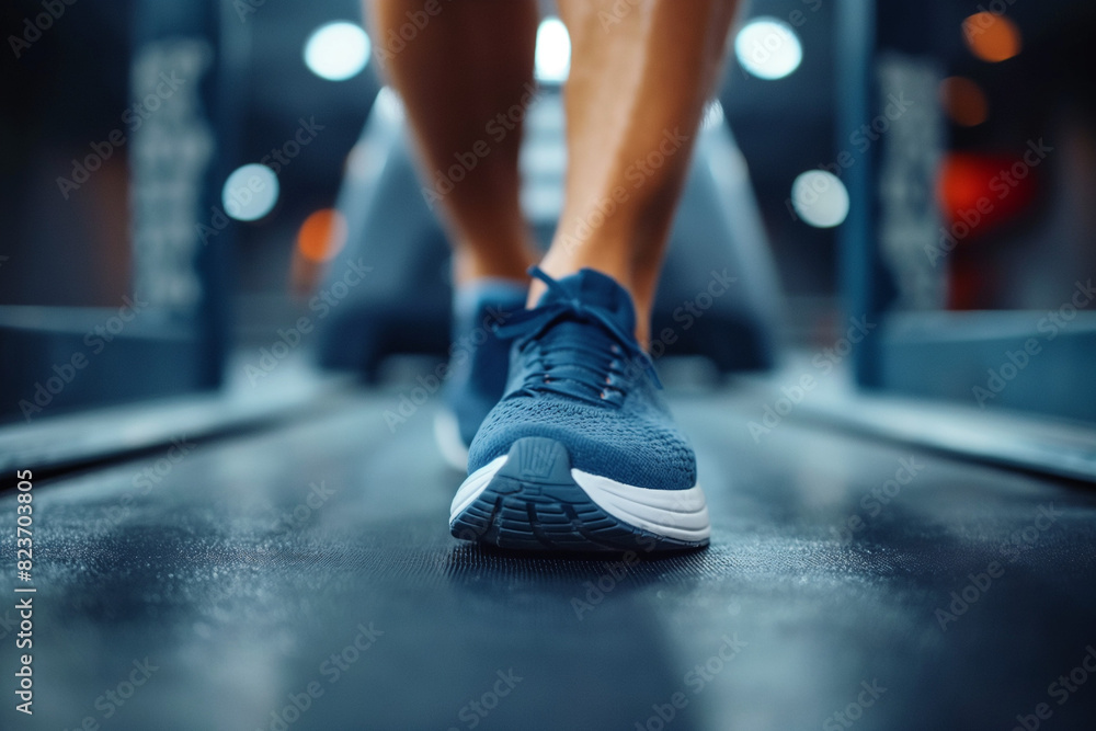 Close up foot sneakers Fitness girl running on track treadmill in exercise gym. Close up foot sneakers Fitness girl running on track treadmill in exercise gym.