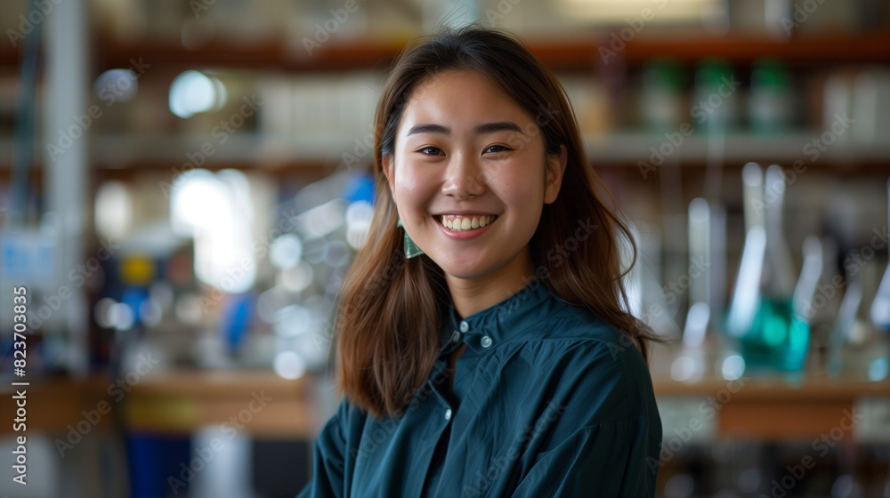 Smiling Asian Female Scientist in Laboratory, Wearing Lab Coat, Research and Innovation