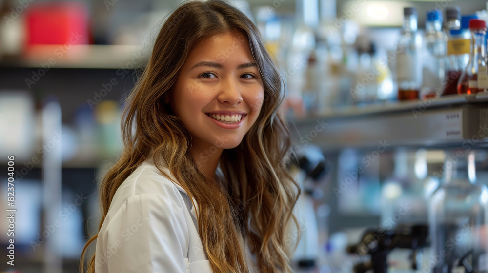 Smiling Female Scientist in Laboratory, Wearing Lab Coat, Research and Innovation